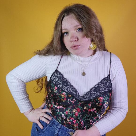 Myonne Black Floral Slip Dress Lace Trim, L - Picture 2 of 4